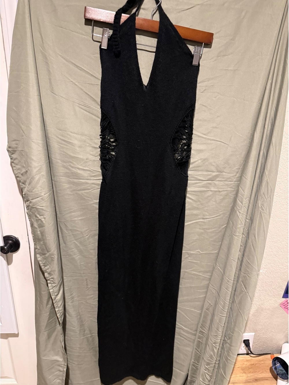 Black knit halter maxi dress with side cutouts